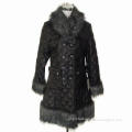 Women's down jacket with natural fur on collar, sleeve cuff and bottom
